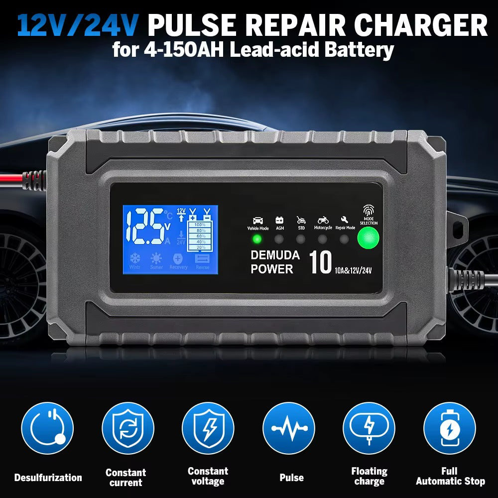 12V/24V Automatisk batterilader med pulsreparasjon