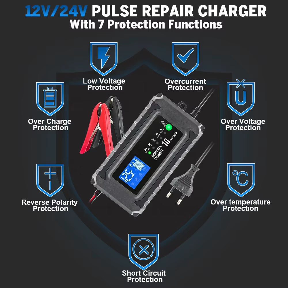 12V/24V Automatisk batterilader med pulsreparasjon