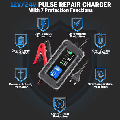 12V/24V Automatisk batterilader med pulsreparasjon